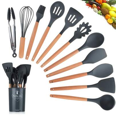 8/9/11pcs Wood Handle Silicone Kitchen Utensil Set, 9pcs Dark Grey Wood & Silicone Kitchen Tools Spatula Spoon Set, European Style Non-Stick Cookware Baking Tool Set
