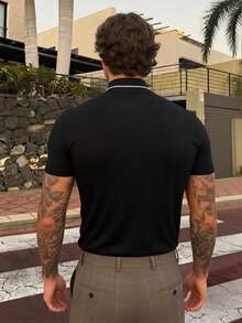 男士休闲时尚百搭简约半高领短袖T恤，夏季 - 黑色 - 查看 2