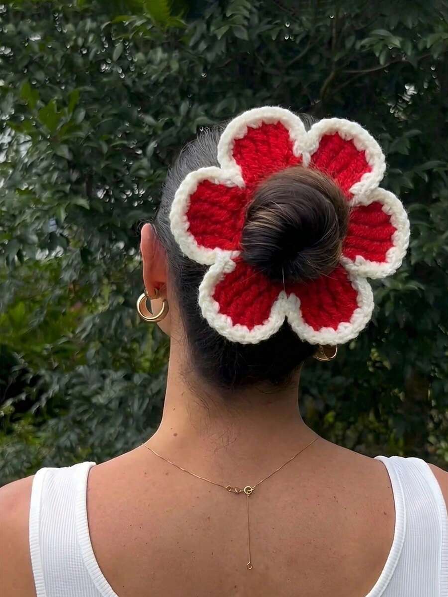 1个手工编织圣诞花朵可爱发圈，马尾辫发圈，发绳，弹性发带，美发家居饰品