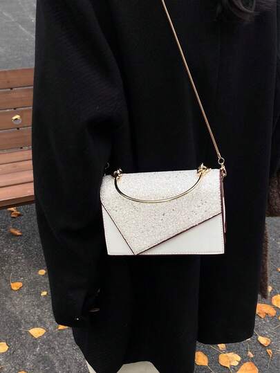 حقيبة يد جديدة أنيقة، حقيبة مربعة صغيرة بسلسلة موضة ذات بريق من الترتر للنساء