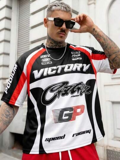 男士双面印花胜利赛车图案T恤，Y2K摩托车骑行风格，柔软面料，街头朋克宽松版型，适合假日穿着