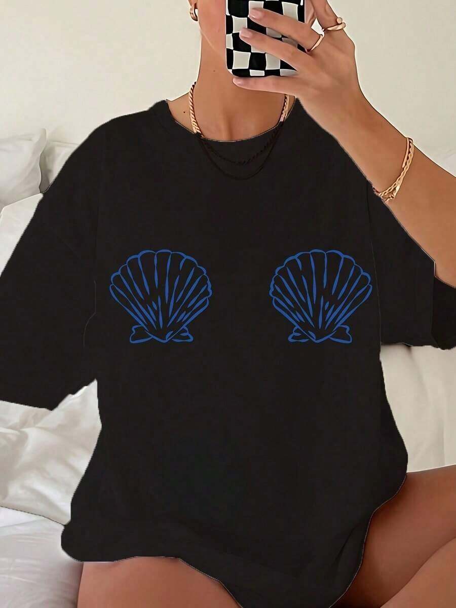 Graphic TeesWomen's Tropical Shell Print Casual T-Shirt - High Elasticity Round Neck Short Sleeve Top, Machine Washable White Blue Summer Beachwear, All-Season Comfortable Fit, Breathable Fabric, Simple Design, Tops For Women, Vacation Outfits For Women100% CottonWomen's Casual Easter Cotton T-Shirt Soft Breathable Daily Tee - 黑色 - 查看 1