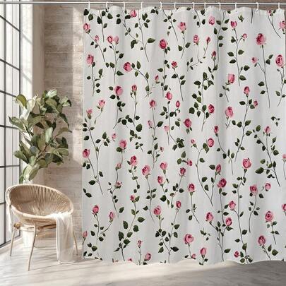 1件简约可爱花卉图案浴帘，简约植物小花印花浴帘，适用于各种房间浴室装饰，浴室配件浴帘浴缸帘