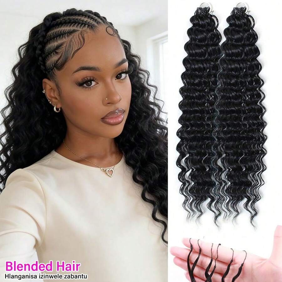 Human Crochet Hair For Deep Wave Crochet Blend Human Hair Bundles 18 Inch 55g Pre-Separated Feather Crochet Human Hair Deep Wavy Invisible Crochet Hair Extensions 50 Strands Natural Black - SNatural - View 1