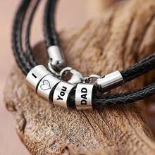 Personalized Men's Name Bracelet, Black Leather Bracelet With Customized Stainless Steel Beads, Laser Engraved Family Name, Date, Symbol, Letter, Number, Holiday, Birthday Gift - Necklace - View 2