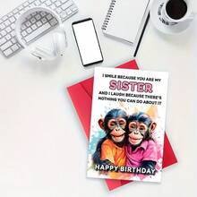 1pc Funny "Smile Because You're My Sister" Birthday Greeting Card With Red Envelope, Chimpanzee Illustration, Perfect Birthday Card For Sister & Siblings - View 7