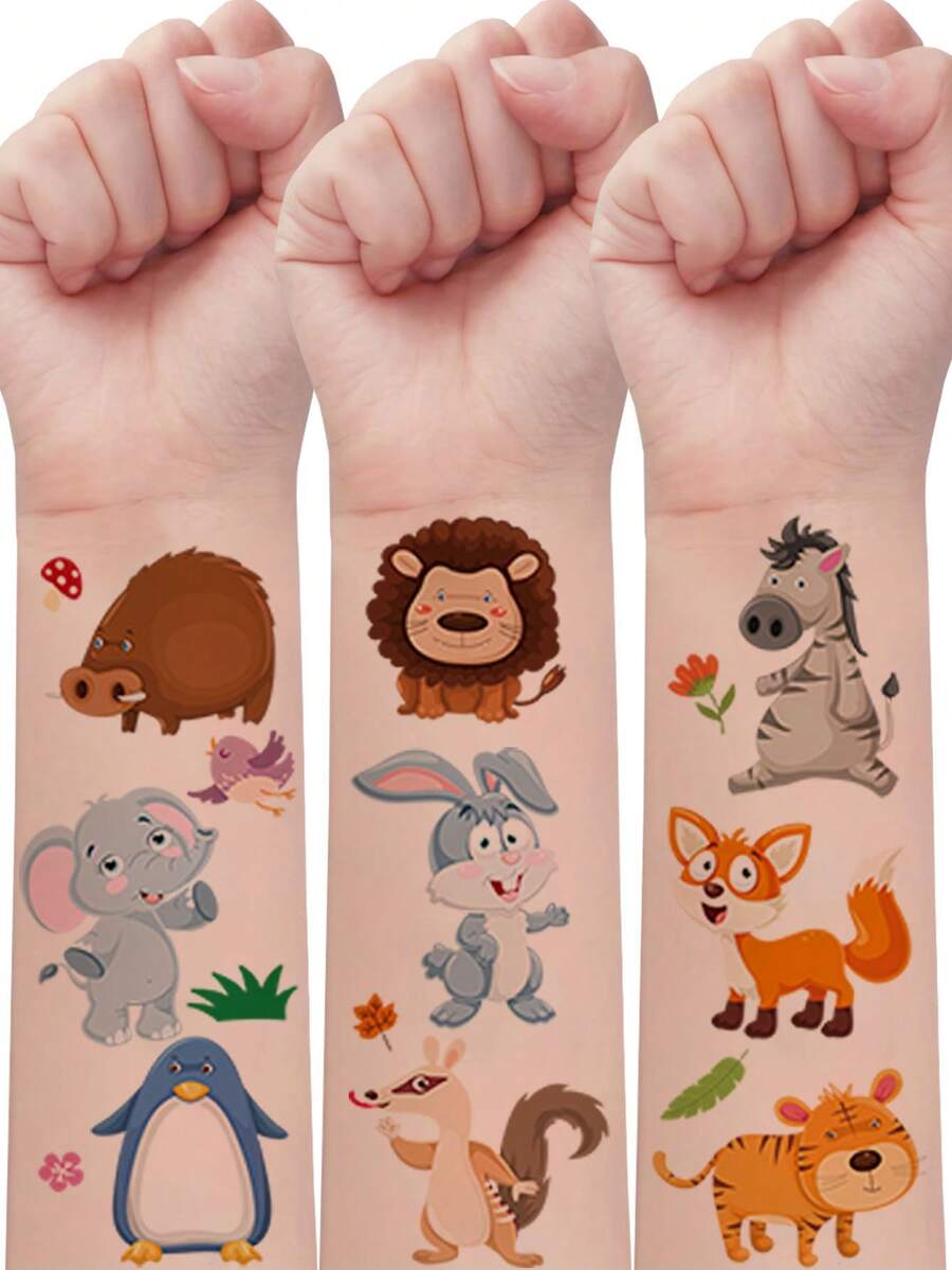 10Sheets Cartoon Animal Patterns Temporary Tattoo Sticker Body Art, Waterproof And Sweatproof Lasting For 2-5 Days, Cute Panda Penguin Boar Monkey Beast Zoon Pattern Fake Tattoo Stickers - Multicolor - View 1
