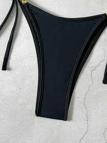 Bộ bikini đen cơ bản gợi cảm buộc dây cổ, trang trí hạt vàng, đồ bơi mùa hè mới cho kỳ nghỉ biển. - màu đen - Xem 7