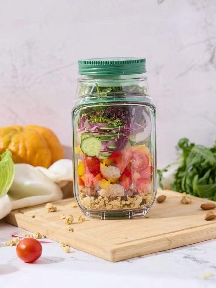 1pc Salad Can, Large Capacity, Leak Proof, Portable Side Opening Leak Proof Vertical Layered Salad Can, Built-In Seasoning Container, Reusable, Portable Lunch Box, Suitable For Office, Picnic,