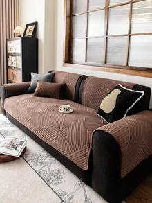 1件刺绣毛绒沙发靠垫套，纯色几何线条花卉图案，防滑防刮，四季皆宜，易于清洁，节日及家居装饰，适用于1/2/3/4人沙发 - 棕色 - 查看 5