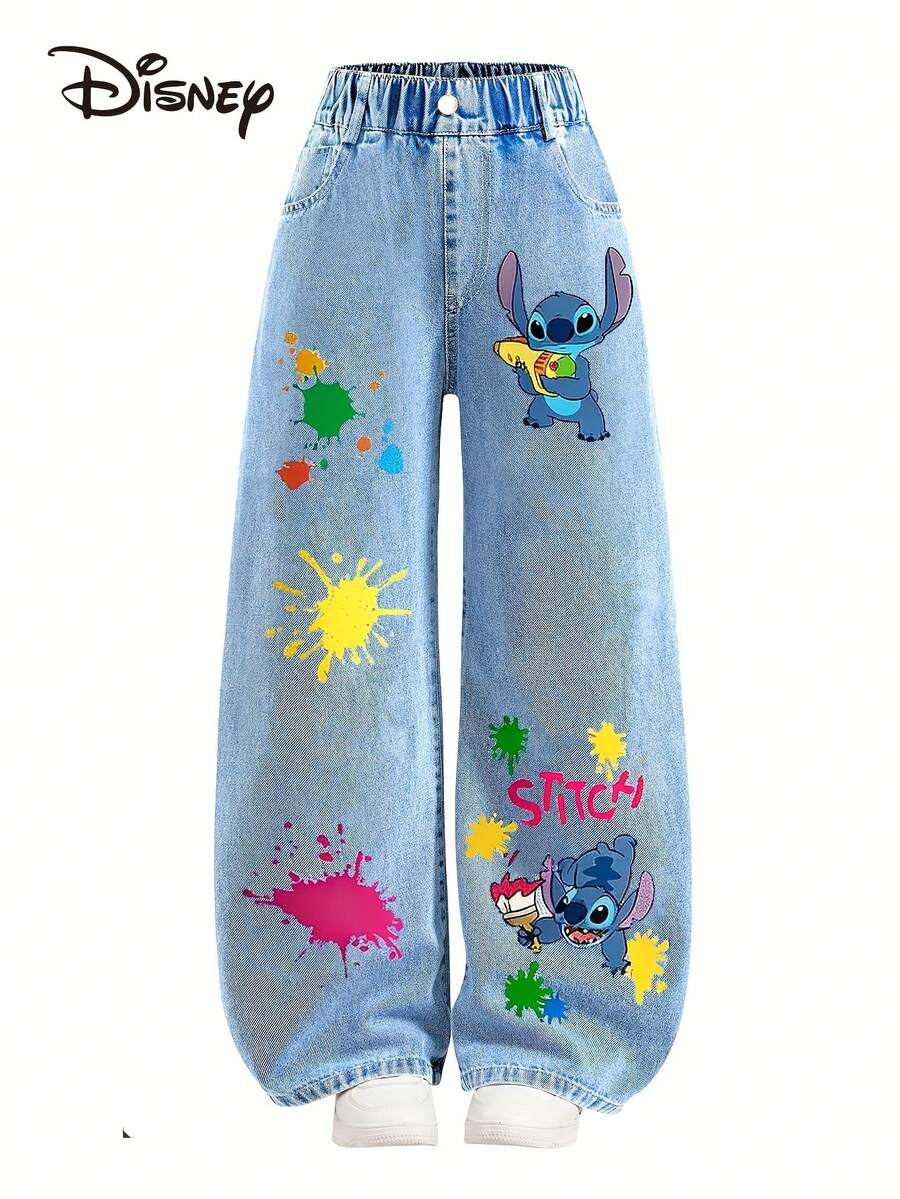 Disney Officially Licensed Kids Casual Denim Pants Unisex For Ages 1-14 Ultra Comfortable & Super Soft 100% Polyester High-Quality Stitch Print Stylish Relaxed Fit Everyday Wear Perfect For School And Play New Arrival Express Delivery - 藍色 - 查看 1