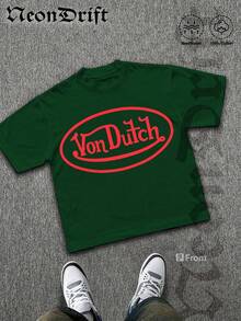 NeonDrift Double-Sided Printing Men's T-Shirt Men's Short-Sleeve T-Shirt100% Cotton Fabric Soft & Skin-Friendly Unisex Style Gifts For Spring Festival, Valentine's Day, St. Patrick's Day & World Cup-Van Dutch Dragon Print Men T Shirt Classic Americana Style Graphic Tee Streetwear Fashion Casual Wear For Car Enthusiasts And Vintage Culture Lovers - 墨綠色 - 查看 2
