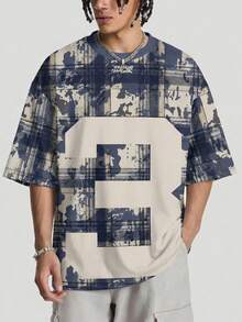 Men's Retro Distressed Plaid Round Neck Short Sleeve Loose Fit Numeric Print T-Shirt - Multicolor - View 1