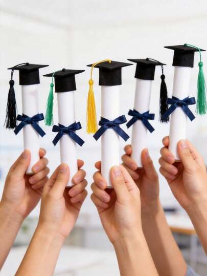 10pcs Mini Graduation Cap Bottle Toppers With Tassels, Felt Bottle Decorations, Suitable For Graduation Party Decor, Tabletop Decoration