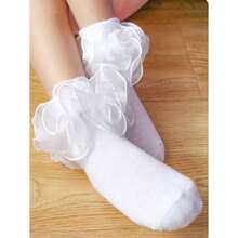 1 Pair Girls Solid Color Ruffle Trim Cute Casual Ankle Socks - trắng - Xem 1