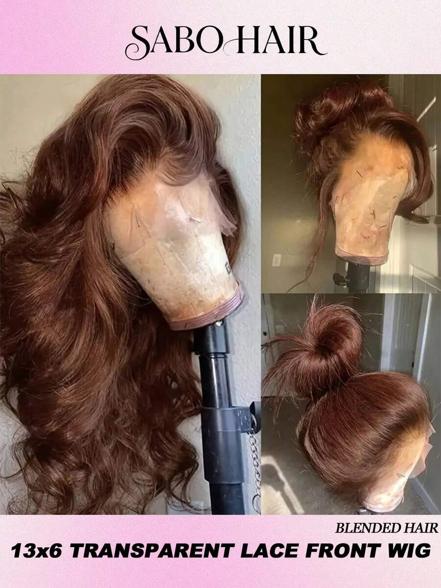 32英寸 200%密度 波浪卷 13x6蕾丝前假发 真人混纺发丝 预先拔毛 4号棕色 带婴儿绒毛 200%密度 巴西原生发 女士款 自然发际线