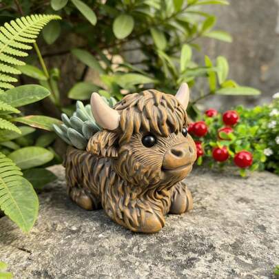 高地牛花盆，树脂多肉植物盆，小型装饰动物花盆，送给爱牛人士的礼物