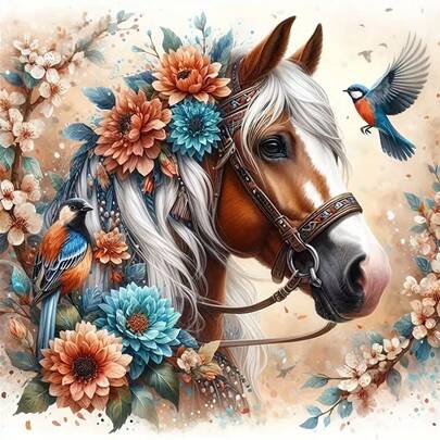 1pc DIY Floral, Bird And Horse Pattern 5D Diamond Painting Kit, [30*30cm/11.8*11.8in] [40*40cm/15.7*15.7in], Suitable For Adult Beginners DIY Mosaic Diamond Art, Full Drill Handmade Hobby, Wall Decor For Living Room, Bedroom, Office, Surprise Gift For Family And Friends, Frameless