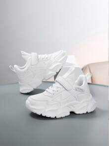 Modne, jednokolorowe, patchworkowe buty sportowe dla dzieci, antypoślizgowe, odporne na zużycie, wygodne, miękkie buty do biegania, lekkie, codzienne buty z zapięciem na rzep, jedna para, odpowiednie dla chłopców i dziewcząt - Biały - Zobacz 4