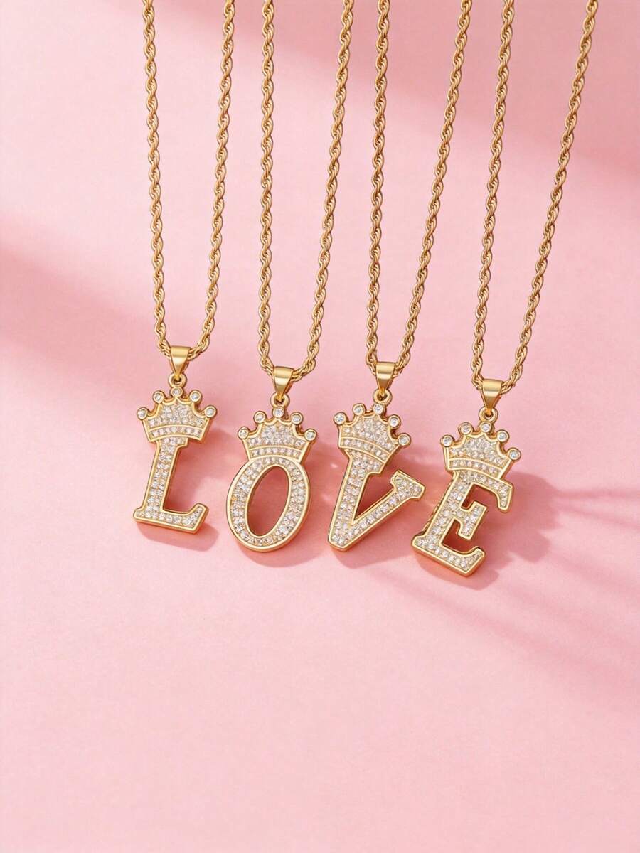 时尚嘻哈皇冠字母吊坠项链，女士字母项链，适合女孩，派对、生日礼物和日常佩戴 - 皇冠字母吊墜項鍊 - 查看 1