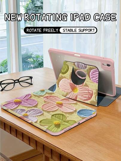 1 Piece, Oil Painting Art Flower Pattern Rotating Acrylic Tablet Computer Protective Case, Suitable For 10th/11th/Pro 13 2025, Foldable Stand, Shockproof And Dustproof, Supports Automatic Wake-Up/Sleep, Is An Essential Protective Case For Office/Study/Entertainment, Not A Magnetic Protective Case