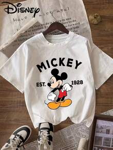 Disney "Mickey Mouse Clubhouse Mickey" Pattern Printed T-Shirt, Round Neck Pullover Women'S Casual Sports T-Shirt Short-Sleeved Top - trắng - Xem 1