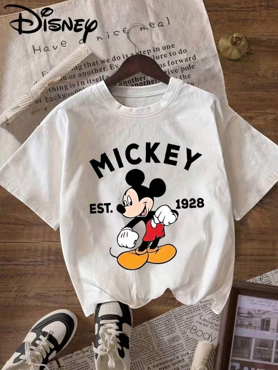 Disney "Mickey Mouse Clubhouse Mickey" Pattern Printed T-Shirt, Round Neck Pullover Women'S Casual Sports T-Shirt Short-Sleeved Top - trắng - Xem 1