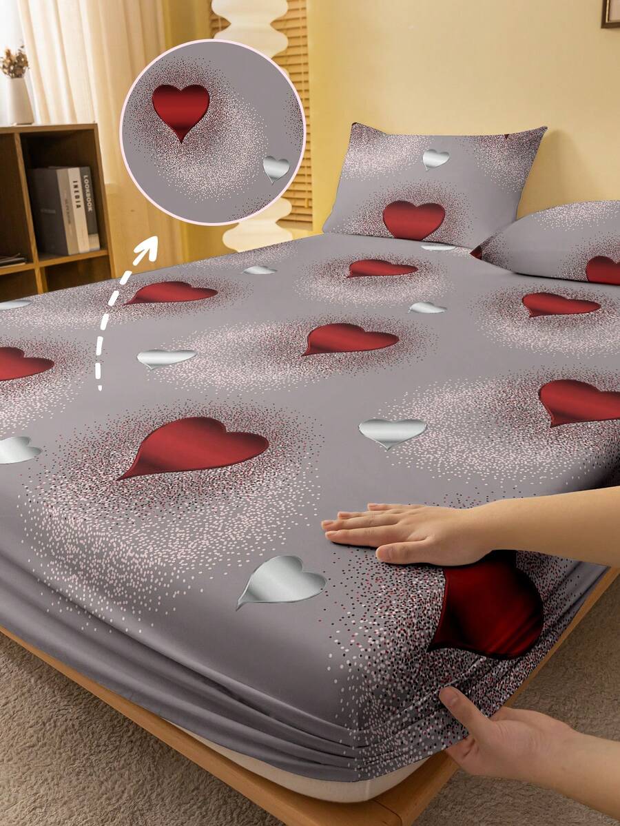 1pc Dotted Heart Pattern Printed Washed Fitted Sheet, Bedroom Printed Bed Cover, Bedding (Pillow Case Not Included) - Multicolor - View 1
