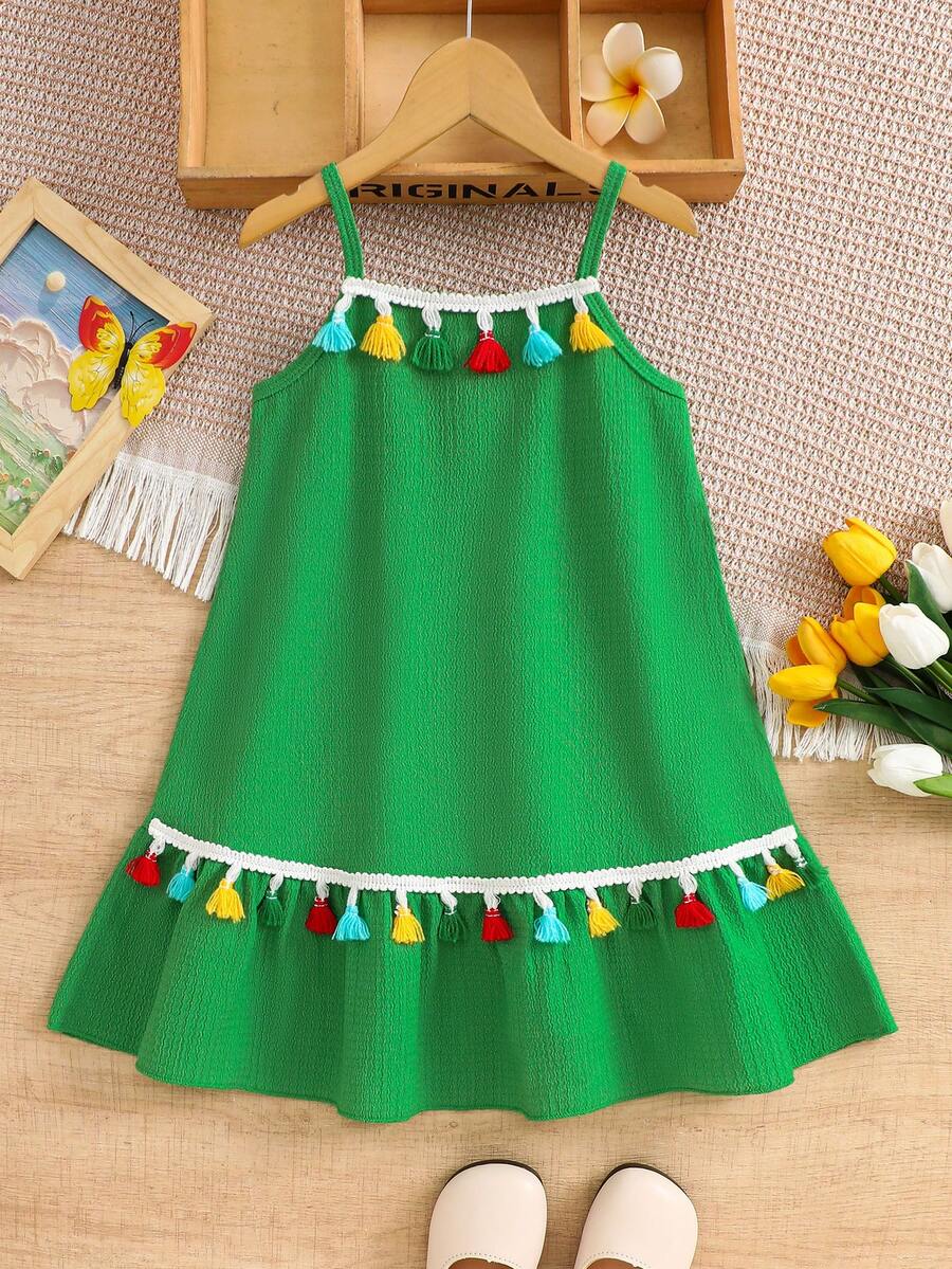 女童绿色流苏吊带连衣裙 夏季波西米亚风背心裙 小女孩时尚公主裙 - 綠色 - 查看 1