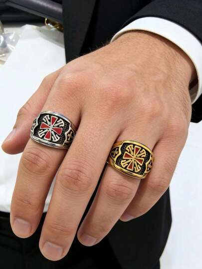 1 pieza Anillo impermeable de acero inoxidable 316 chapado en oro de 18K y resina roja, adecuado para uso casual, estilo punk y uso diario para hombres