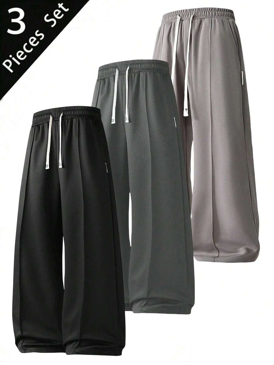 3pcs Men's Casual Loose Straight Leg Outdoor Sports Pants For Spring & Summer - Black - View 1