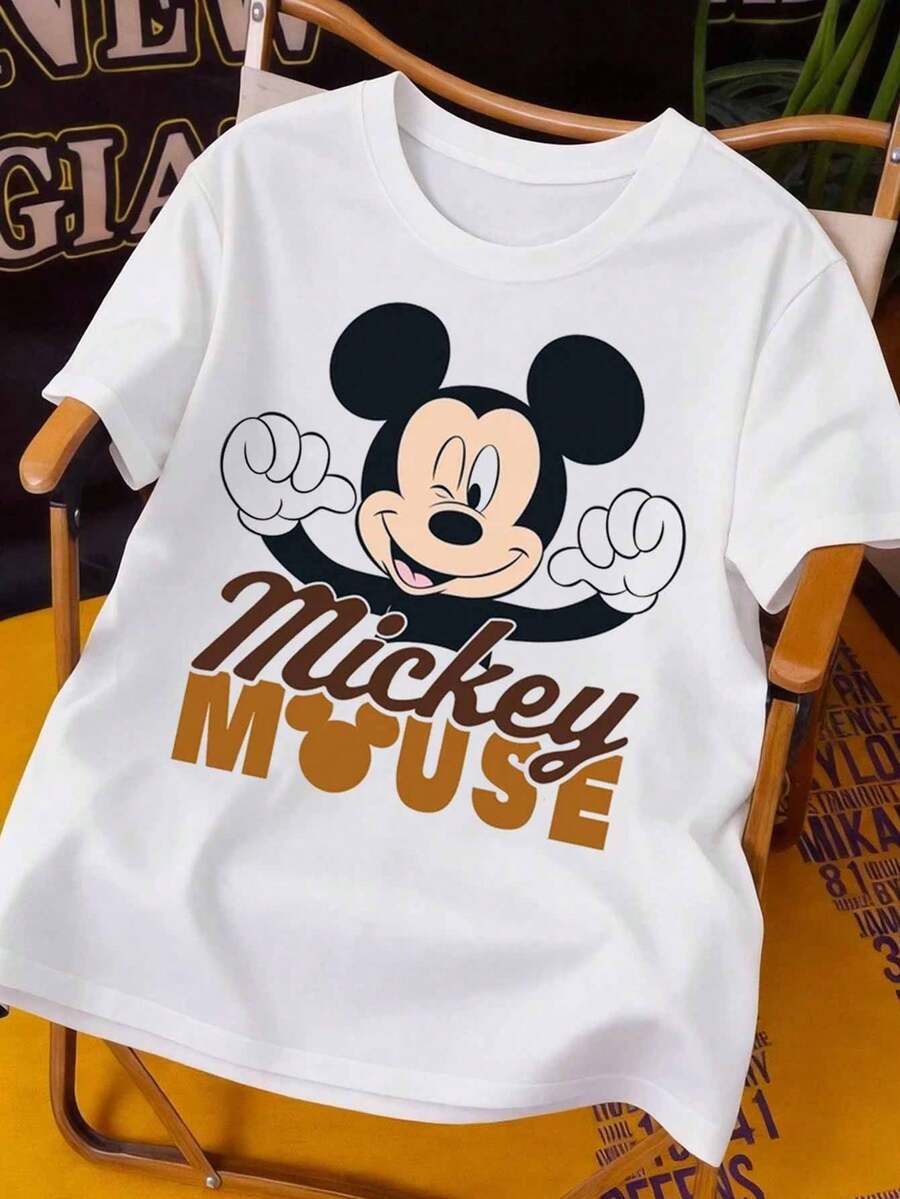 Disney Classic Mickey Mouse Funny Face Design Men's T-Shirt, Youthful Short-Sleeved, All-Season Pure Cotton Loose Crew Neck T-Shirt, Suitable For Everyday Wear, Outings, Parties. - White - View 1