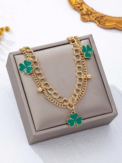 1pc Casual Fashion Green Clover Pendant Anklet, Double-Layer Chain Design, Lucky & Stylish For Women Daily Wear, Great Gift For St. Patrick's Day