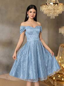 Vestido de fiesta de hombros descubiertos y longitud media de Alisa&Leo - Adecuado para galas de verano, bailes de graduación y eventos formales escolares - Celeste - Ver 5