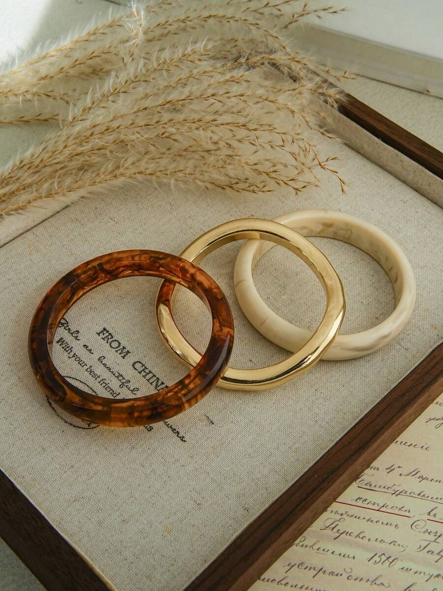 LADYCOCO 3pcs Vintage Style Coffee Color Bracelet Set With Gold Twisted ABS Plastic Bangle, For Women - Multicolor - View 1