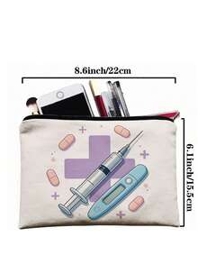 1pc Travel-Friendly Medical Print Makeup Bag | Stylish Canvas Cosmetic Pouch With First Aid Kit Designs | Durable, Water-Resistant, And Spacious Organizer For On-The-Go Essentials | Perfect Nurse Gift & Travel Companion - Multicolor - View 6