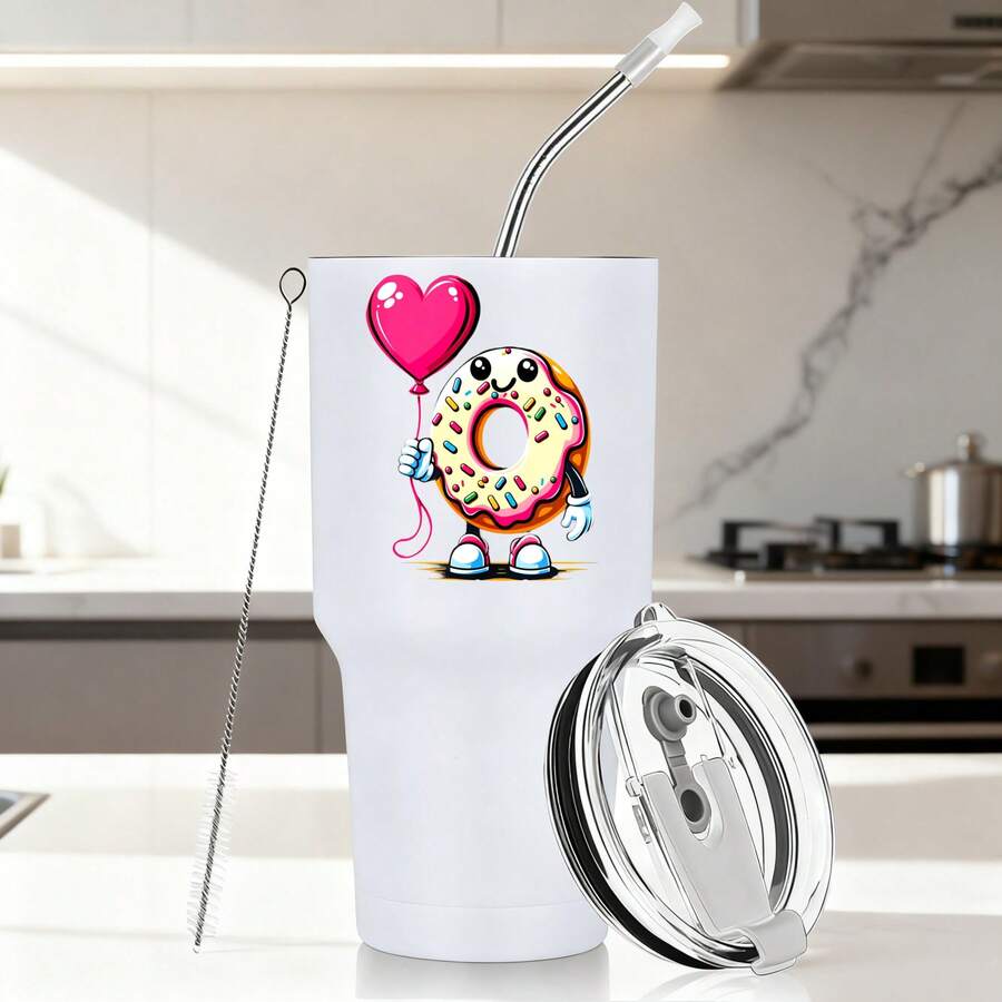30oz Stainless Steel Tumbler Black White Options, Donut Holding Heart Balloon With Smile Graphic Cups, Insulated Travel Coffee Mug With Lid And Straw , Double Wall Vacuum Reusable Travel Cups, Funny Birthday Party Gift For Women & Men - 白色 - 查看 1