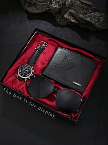 3pcs Men's Wrist Watch Set, Elegant Casual Practical Watch + Wallet & Fashion Glasses Set, Ideal Gift For Men - Black - View 1