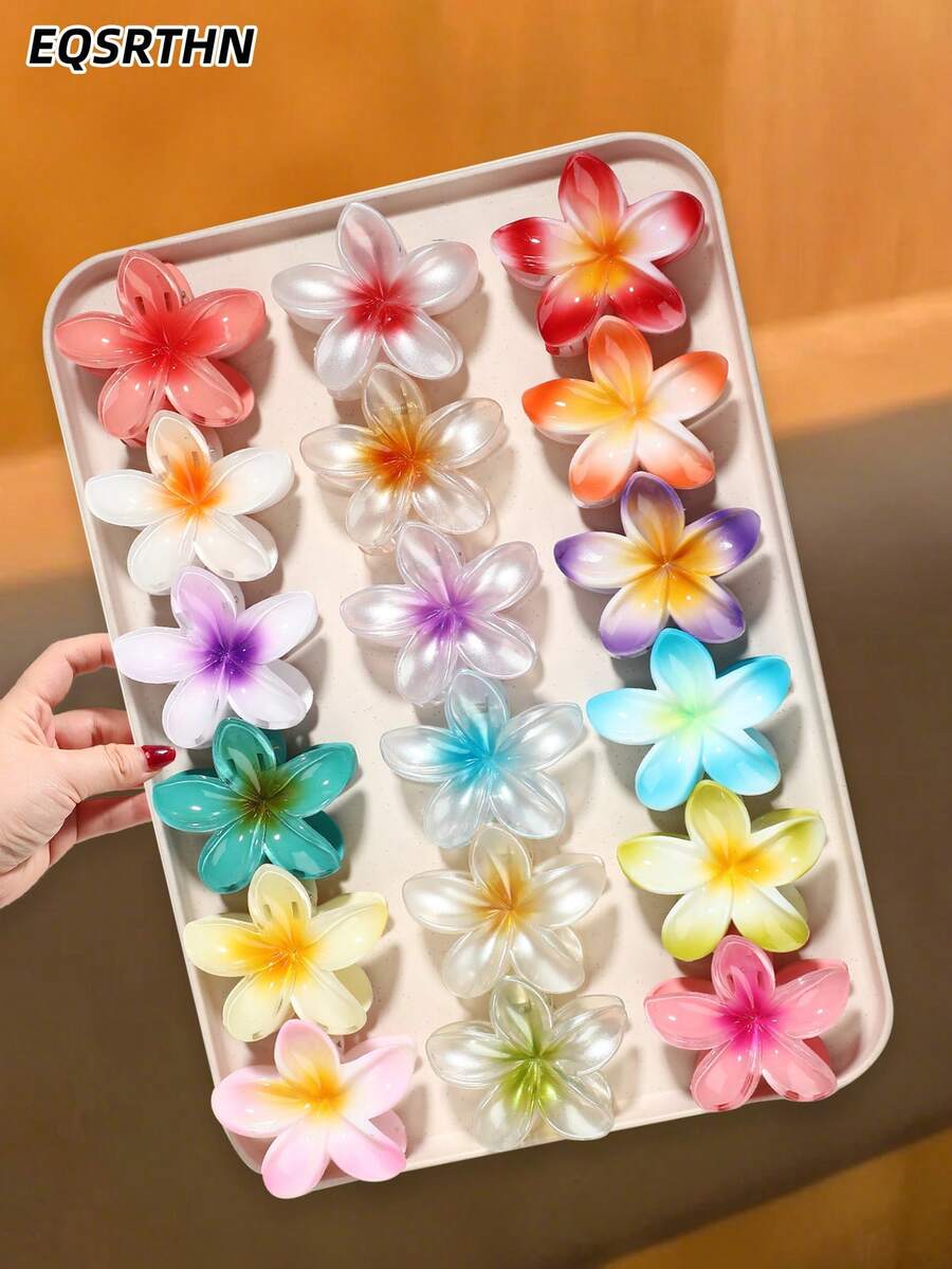 大型夏威夷鸡蛋花发夹，8厘米哑光珠光鸡蛋花防滑发卡，可爱热带夏季海滩发饰，适合女性女孩，无论发量多少，优雅花朵头饰，适合日常沐浴和度假佩戴。 - 彩色 - 查看 1