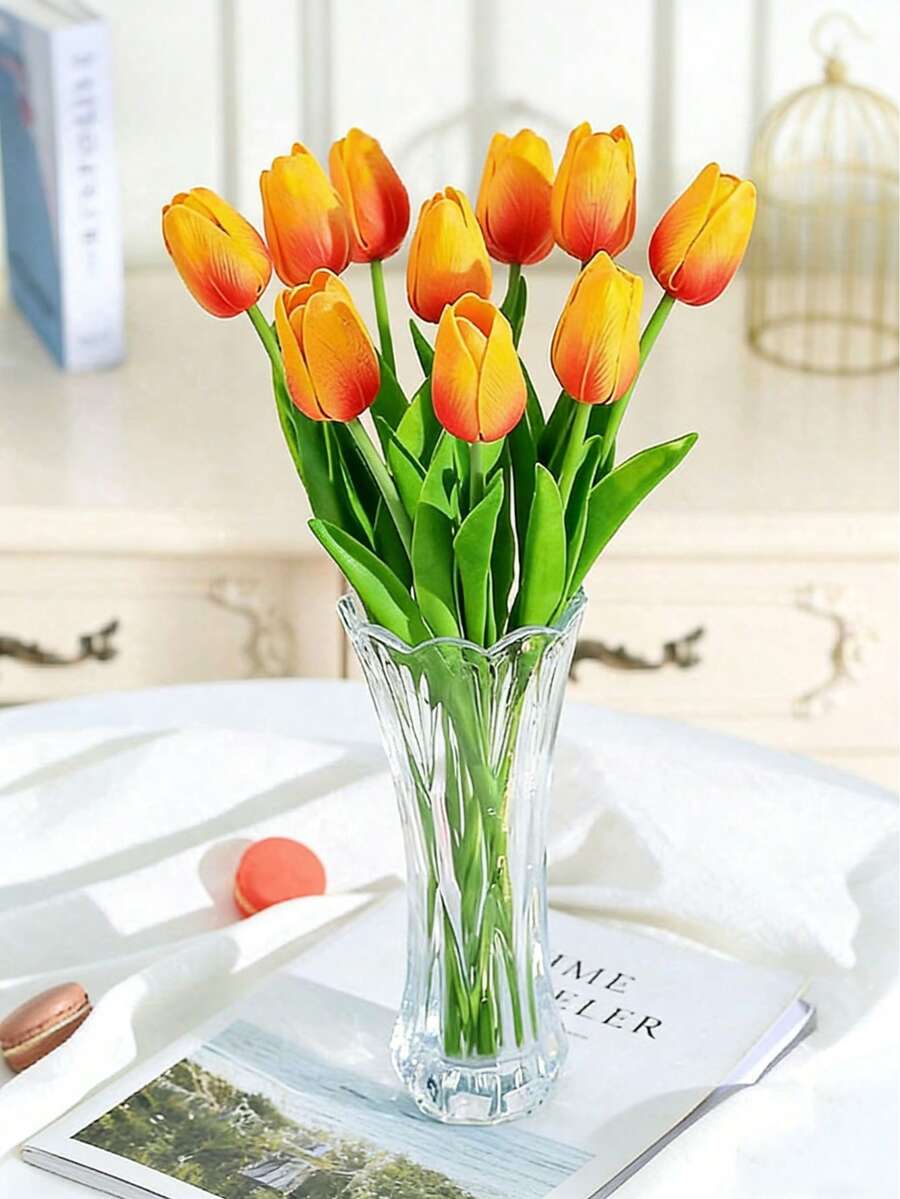 5/10/12支装高级仿真花，触感逼真，郁金香花束，适用于婚礼、房间、家居、酒店派对、情人节、新年礼物、生日、毕业礼物等场合。 - 橘色 - 查看 1