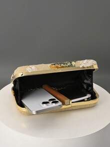 1个时尚花卉图案女士手提包，复古闪亮亮片刺绣花朵链条晚宴包，适合派对女孩、新娘、新婚夫妇和上班族，适用于派对、婚礼等场合，迷你盒包（图案随机） - 金色 - 查看 4