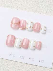 10pcs Handmade Press-On Nails, Short Oval Shape, Pink Tone, Gentle & Sweet Style, Pink-White Ombre, Hand-Painted Golden Heart Line, Crystal Cat Eye Transparent Cute Nail Tips, Suitable For Women & Girls, For Spring, Summer, Autumn, Winter, Parties And Daily Wear Handmade Press On Nails - Pink - View 2