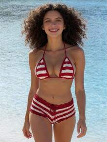 Women's 2PCS Knit Bathing Suits Sleeveless Halter Neck Striped Bra Drawstring Thong Sets - Red - View 1