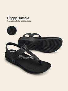 Women's Arch Support T-Strap Sandals Comfortable Orthotic Flat Sandals Thong Sandals For Casual Summer Walking - Tất cả màu đen - Xem 11
