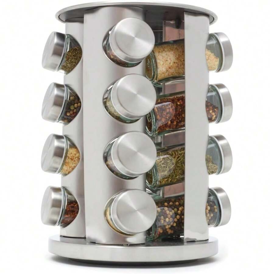 Rotating Spice Rack Set With 16 Stainless Steel And Glass Jars, Kitchen Spice Organizer - Silver - View 1