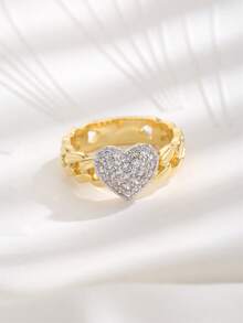 1 pieza Anillo decorativo con cadena con forma de corazón chapado en oro de 18K de cobre con circonita, adecuado para uso diario de mujeres - Multicolor - Ver 1