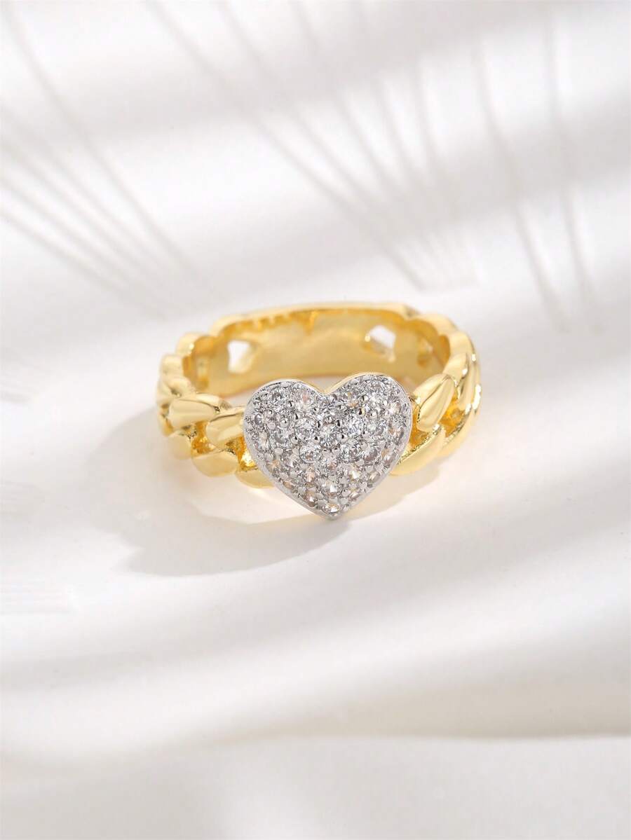 1 pieza Anillo decorativo con cadena con forma de corazón chapado en oro de 18K de cobre con circonita, adecuado para uso diario de mujeres - Multicolor - Ver 1