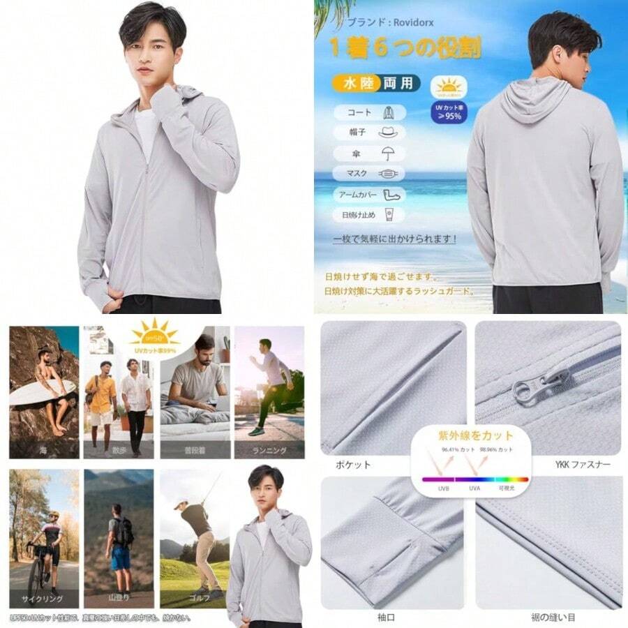 [Rovidorx] ラッシュガード メンズ 長袖 水着 大きいサイズ uvカット パーカー 冷感 オーバーウェア フード付き 日焼け対策 夏服 水陸両用 速乾 - 写真の通り - チェックする 1