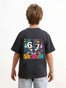 Teen Boy "Six Seven" 67 Numeral & Cartoon Letter Print T-Shirt, Suitable For Boys' Street, Campus, Event, Daily Wear, Fashionable Summer Top - Dark Grey - View 2