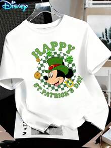 Disney Women's Mickey Mouse "Happy St. Patrick's Day" Leprechaun Cartoon Short-Sleeved T-Shirt - Checkered & Clover Theme Round-Neck Top, Soft Cotton Breathable Fabric, Summer Casual Style, Suitable For St. Patrick's Day Celebrations - 白色 - 查看 1